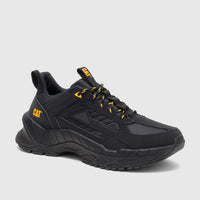 Cat Men's Amperage P726912 black athletic sneaker with rugged outsole and yellow laces accents
