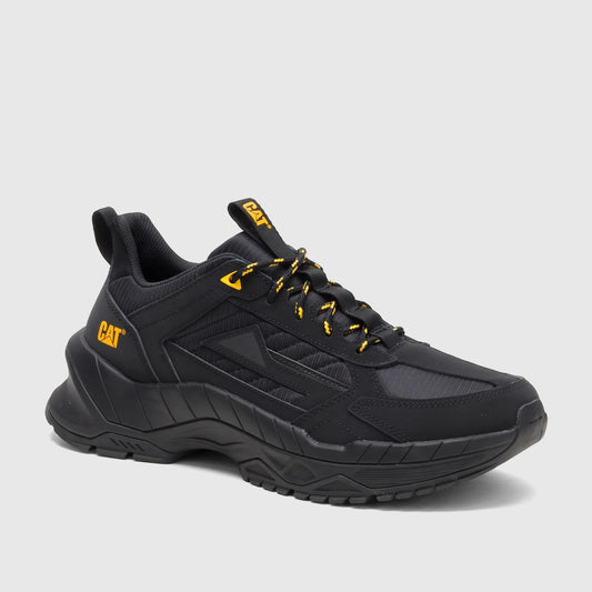 Cat Men's Amperage P726912 black athletic sneaker with rugged outsole and yellow laces accents