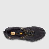 Overhead view of a black Cat Men's Amperage P726912 shoe, featuring durable black construction and vibrant yellow laces.