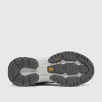 Sole of Cat Men's Amperage P726915 Glacier Grey CT393 work shoe. Dark grey tread, light grey midsole, yellow CAT logo.