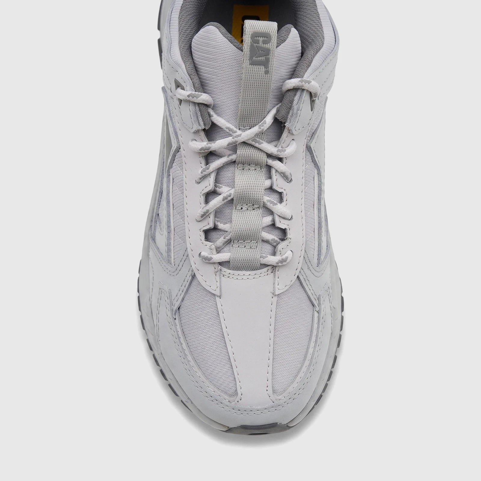 Front view of a Cat Men's Amperage P726915 sneaker in glacier grey, featuring mesh and leather panels with visible laces and