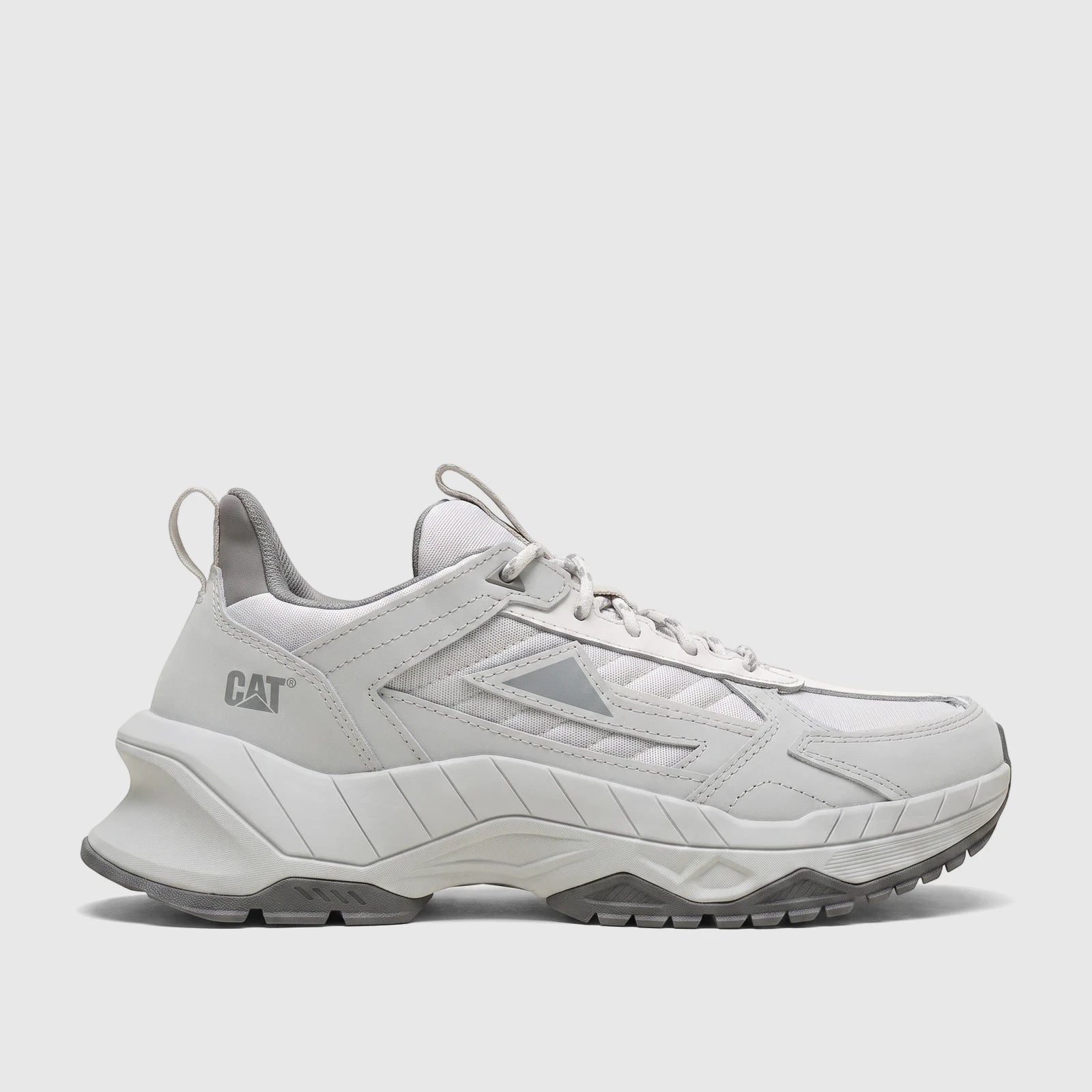 Cat Men's Amperage P726915 Glacier Grey sneaker in a light gray color with a rugged sole, shown from the side.