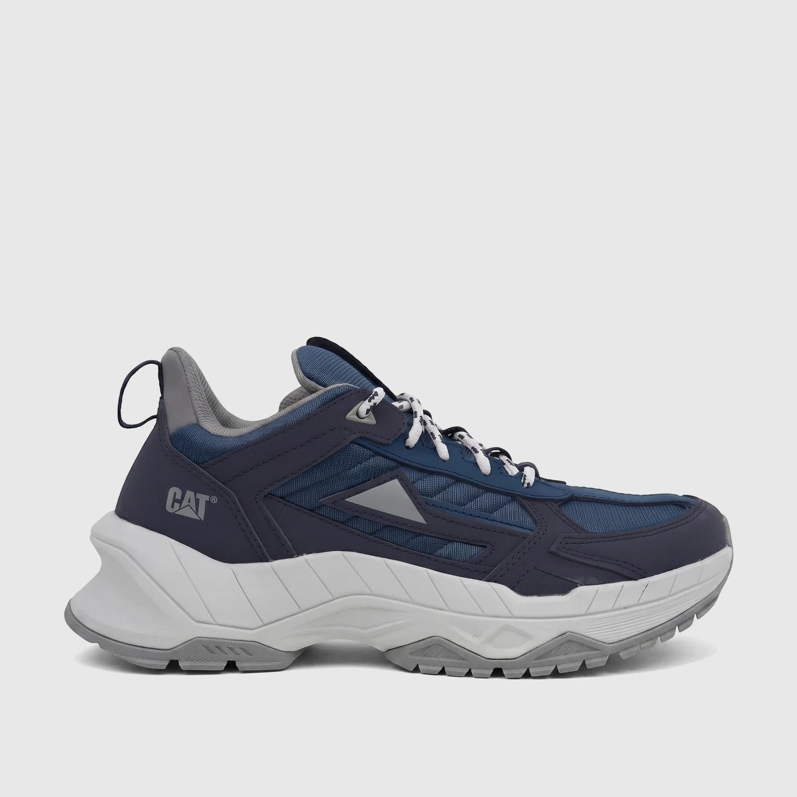 Cat Men's Amperage P726916 Blue Wing Teal CT392 athletic shoe, featuring a navy blue upper with light gray and dark gray