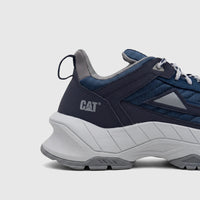 Cat Men's Amperage P726916 Blue Wing Teal CT392 athletic shoe, showcasing the navy blue and gray side profile with the brand