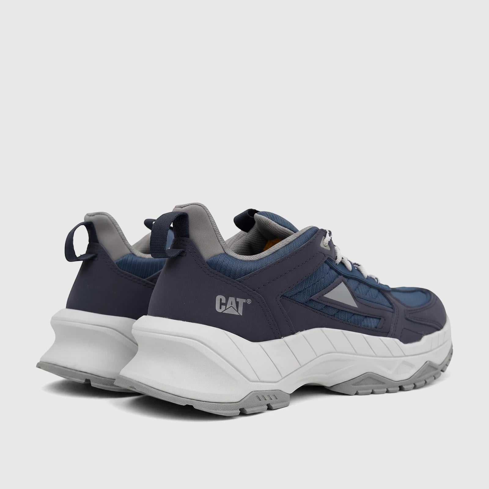 Cat Men's Amperage P726916 sneakers in blue and grey, shown from the rear view on a white background.