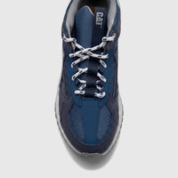 Top-down view of a Cat Men's Amperage P726916 sneaker in navy blue, featuring white laces and visible branding.