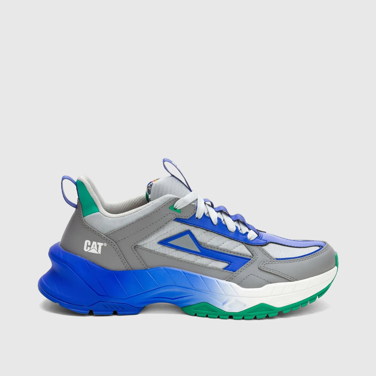 Cat Men's Amperage P726918 Wild Dove CT423 sneakers in grey, blue, green, and white, shown in a side profile view.