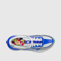 Top-down view of Cat Men's Amperage P726918 Wild Dove CT423 sneaker, featuring blue, grey, white, and green color blocking