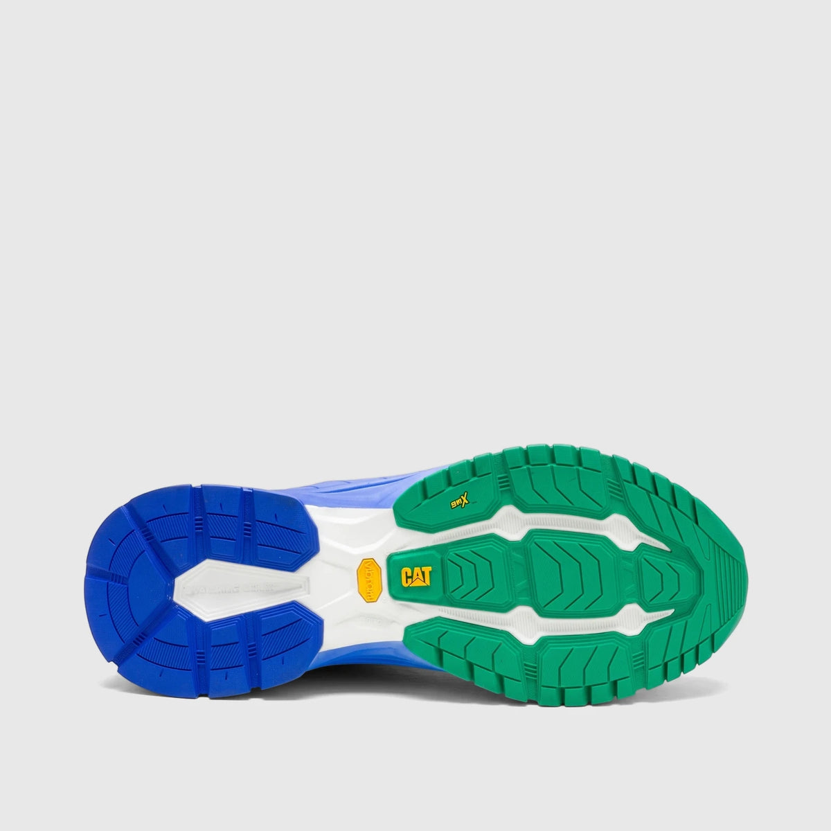 Sole of a Cat Men's Amperage P726918 Wild Dove shoe, featuring textured blue, green, white, and yellow tread patterns.