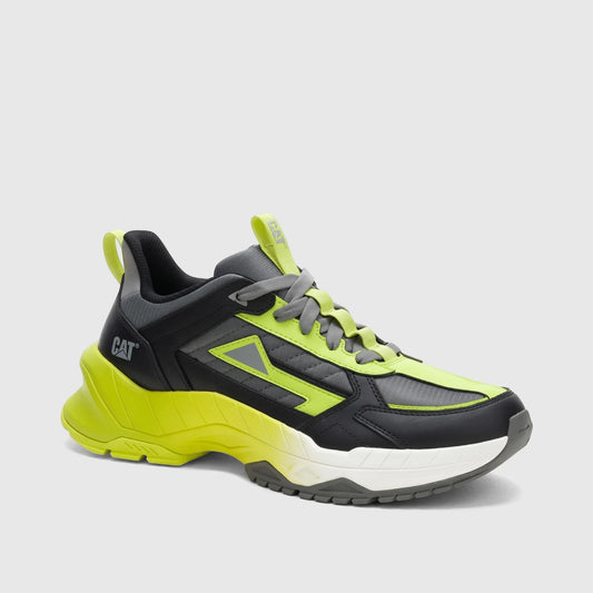Cat Men's Amperage P726919 sneaker in black and wild lime, featuring a chunky sole and side view.