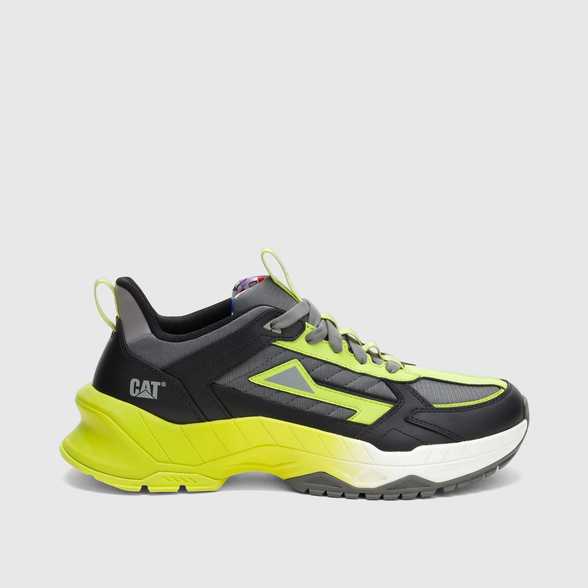 Cat Men's Amperage P726919 sneaker in black and wild lime, featuring a chunky sole and side view.