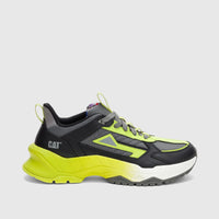 Cat Men's Amperage P726919 sneaker in black and wild lime, featuring a chunky sole and side view.