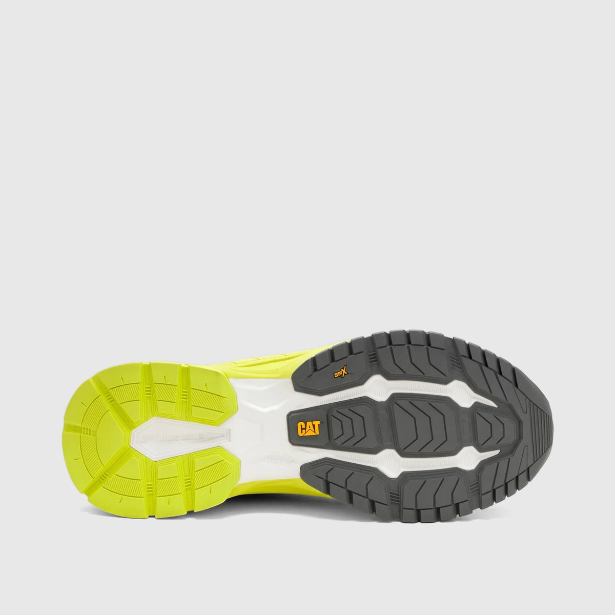 Bottom view of a Cat Men's Amperage P726919 shoe sole, featuring wild lime and dark gray tread patterns.