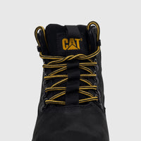 Close-up of a black Cat Men's Colorado Expedition hiking boot with yellow and black laces and CAT logo on the tongue.