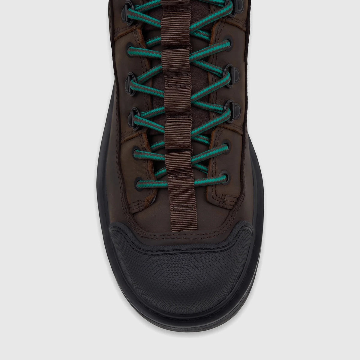 Men's Cat Colorado Expedition Hiker boot in dark chocolate brown leather with teal laces, front view.