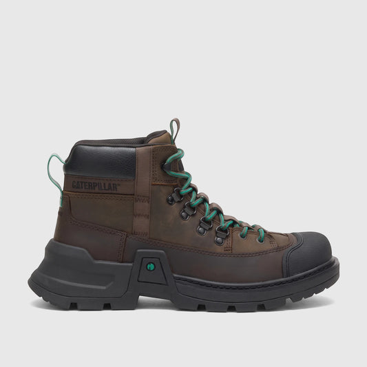 Cat Men's Colorado Expedition Hiker boot in dark chocolate leather with a black sole and green laces, shown in a side
