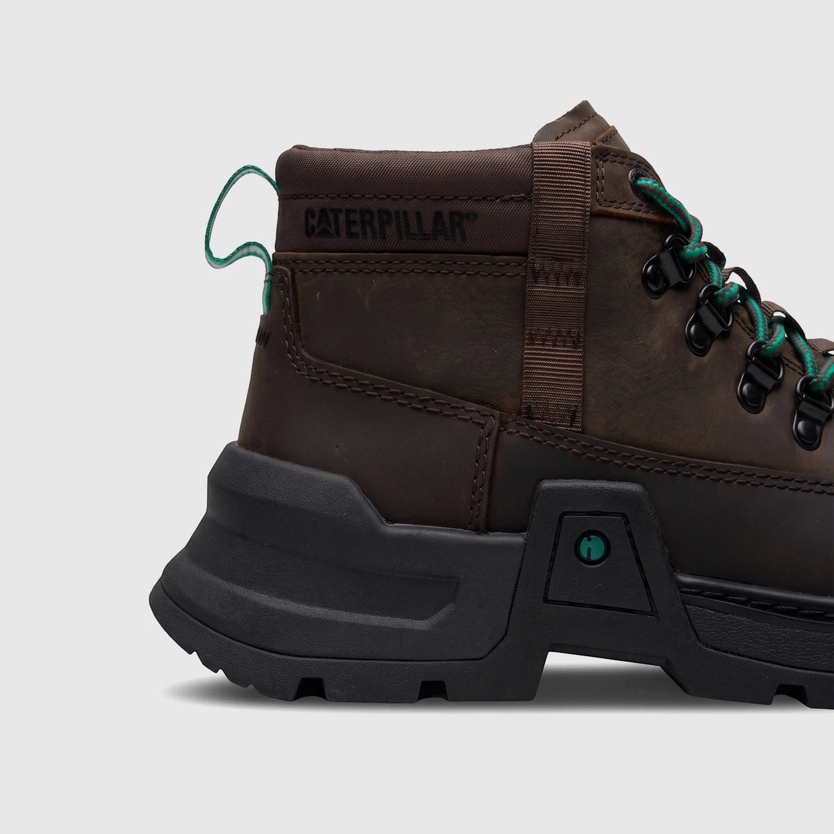 Cat Men's Colorado Expedition Hiker Boot P727018 in dark chocolate brown, featuring a chunky black sole and green laces.
