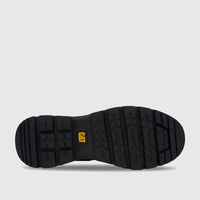 Underside view of a Cat Men's Colorado Expedition Hiker boot sole, featuring a black rugged tread pattern and a yellow CAT