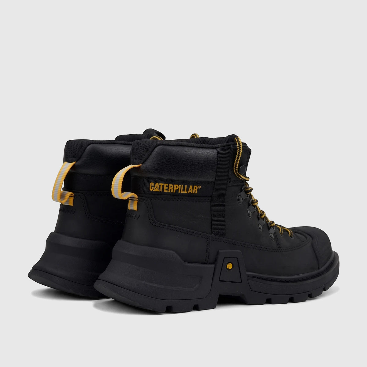 Black Cat Men's Colorado Expedition Hiker boots, durable leather with yellow laces and pull tabs, displayed from an angled