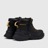 Black Cat Men's Colorado Expedition Hiker boots, durable leather with yellow laces and pull tabs, displayed from an angled