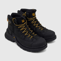 Pair of black Cat Men's Colorado Expedition Hiker boots with yellow laces and durable textured soles.