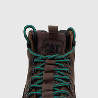 Close-up of a Cat Men's Colorado Expedition Hiker boot in dark chocolate brown with striking teal laces, showing the CAT
