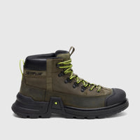 Olive night Cat Men's Colorado Expedition Hiker boot with black soles and neon yellow laces, shown in a side view.