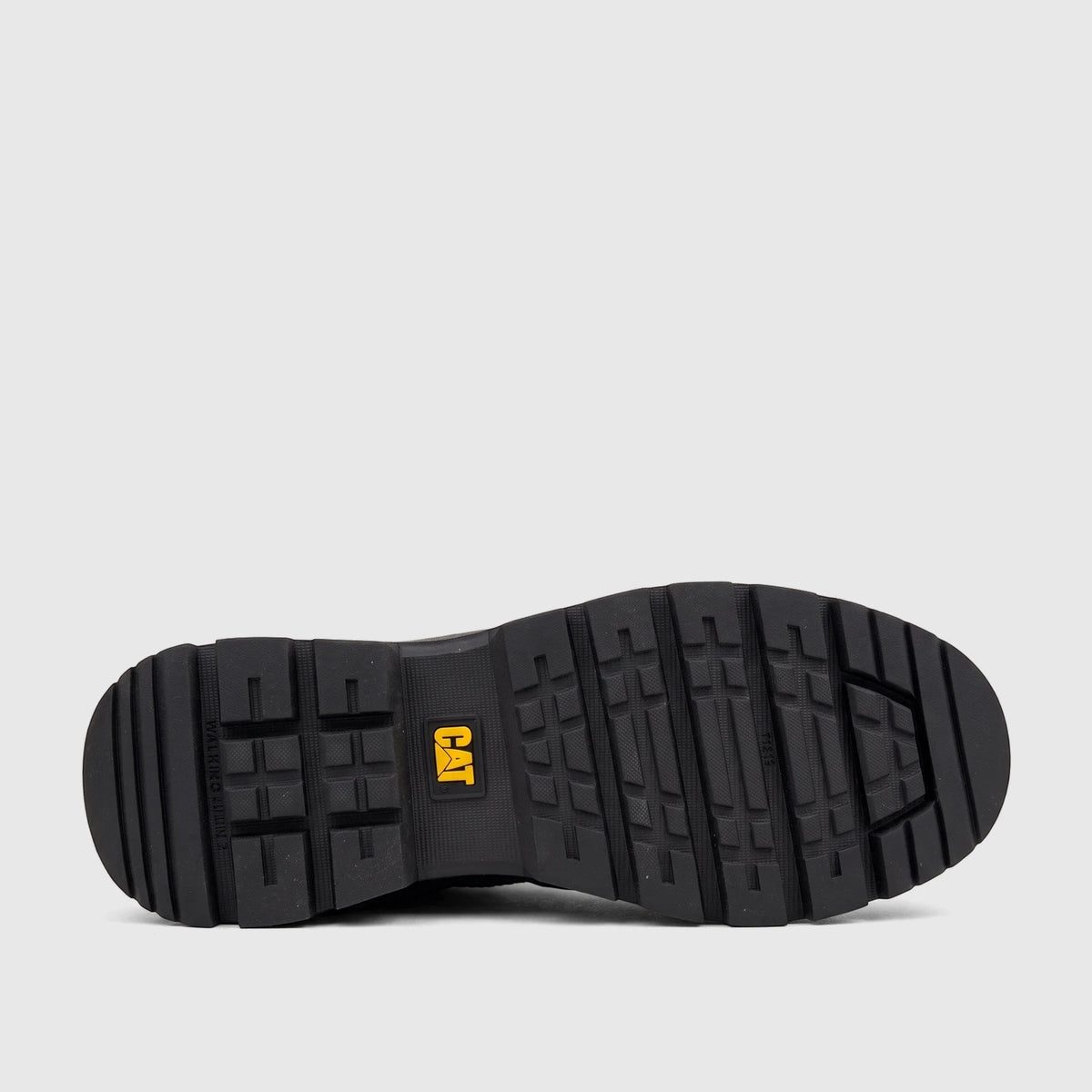 Bottom view of a black Cat Men's Colorado Expedition Hiker P727016 boot sole, featuring a prominent yellow CAT logo and