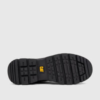 Bottom view of a black Cat Men's Colorado Expedition Hiker P727016 boot sole, featuring a prominent yellow CAT logo and