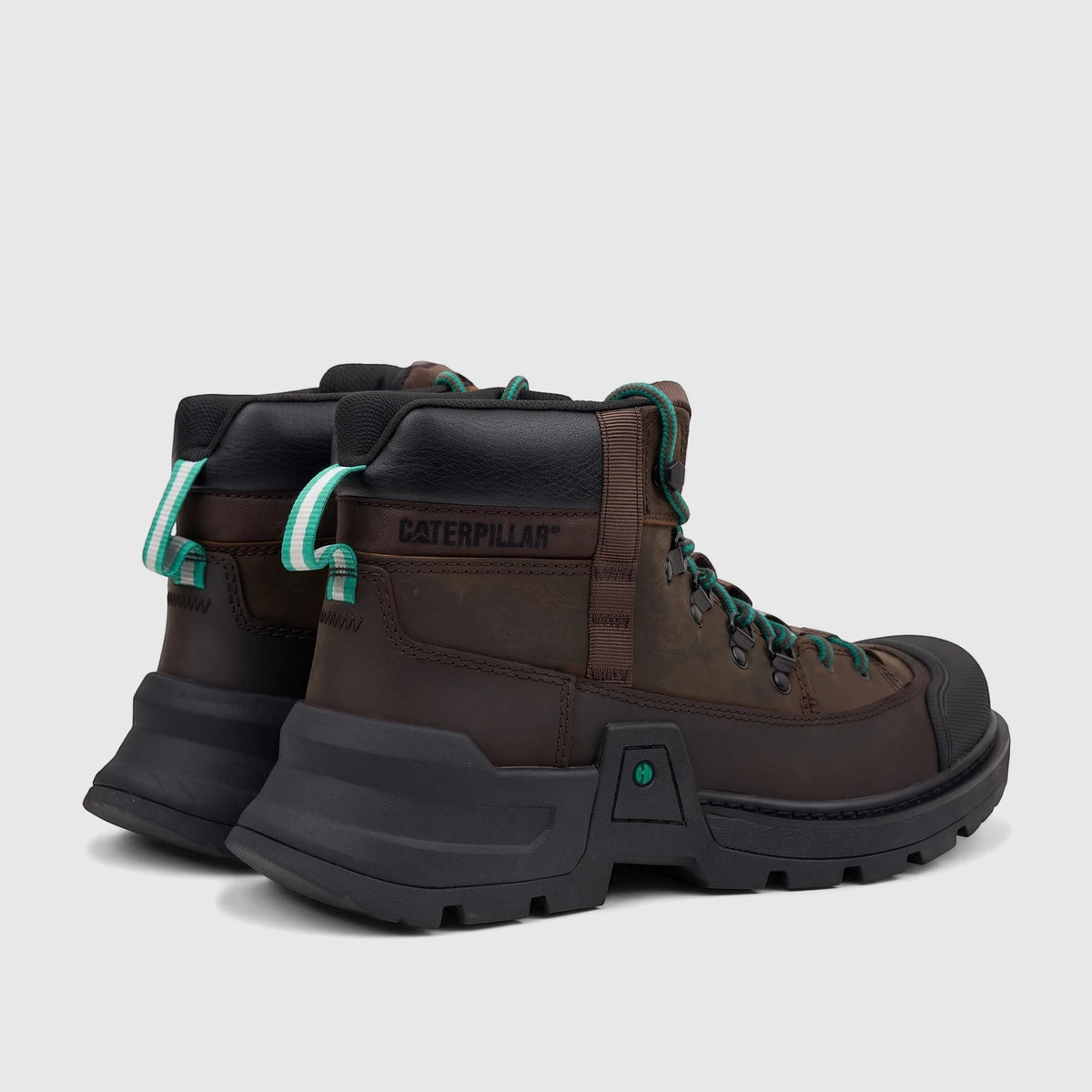 Side view of Cat Men's Colorado Expedition Hiker P727018 boots in dark chocolate brown leather with black soles and green