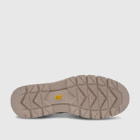 Underside view of a Cat Men's Estimate Chukka P726873 Black CT413 boot sole, showing the tan tread pattern and yellow CAT