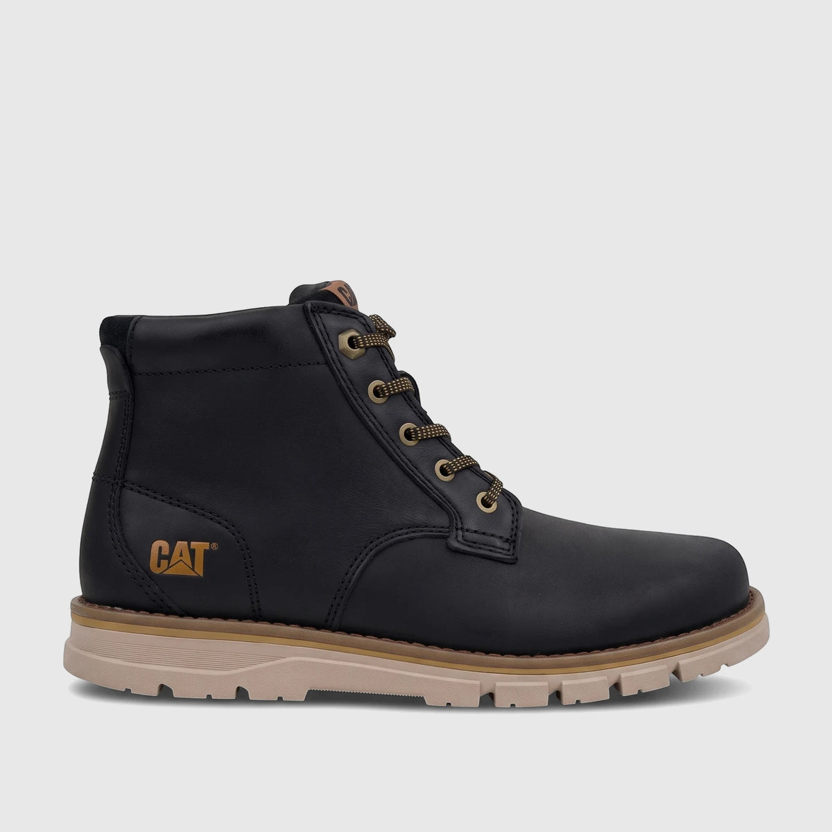 Black Cat Men's Estimate Chukka boots, crafted from durable leather with a tan sole and gold eyelets, shown in a side