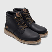 Pair of black leather Cat Men's Estimate Chukka P726873 boots with tan soles and black and gold laces, viewed from a