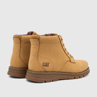 Cat Men's Estimate Chukka P727004 Honey boots, durable tan leather work boots, shown from a rear-side view.