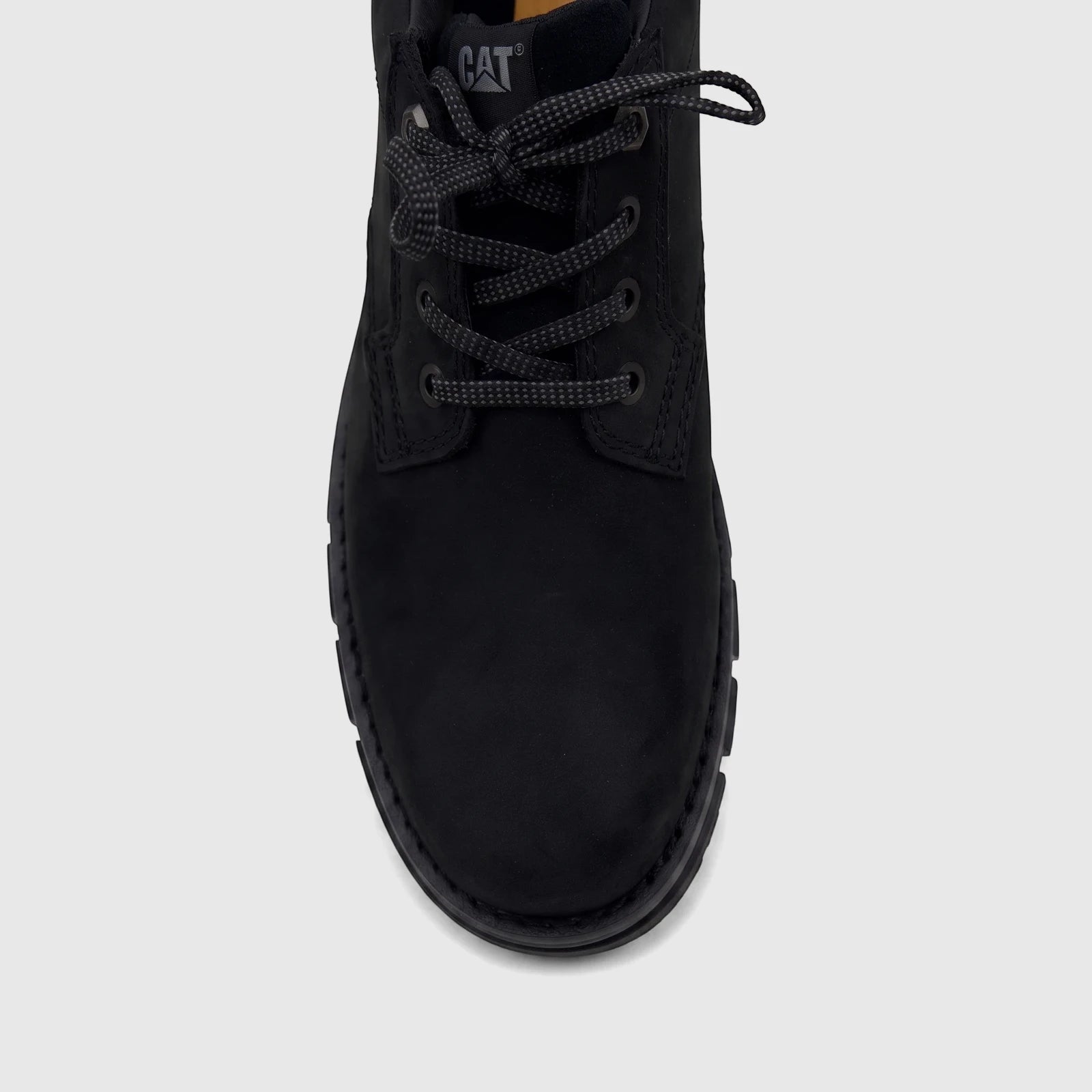 Cat Men's Estimate Lo P727005 black leather boot with black and grey laces, shown from a top-down view.