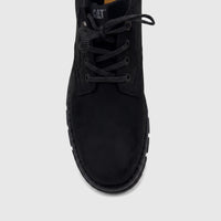 Cat Men's Estimate Lo P727005 black leather boot with black and grey laces, shown from a top-down view.