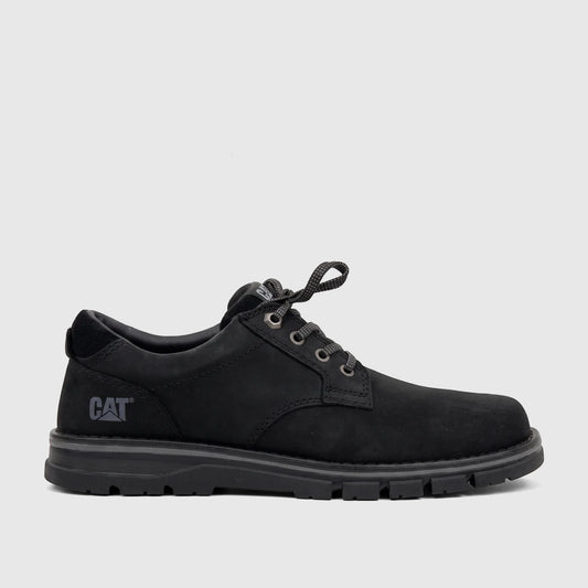 Cat Men's Estimate Lo P727005 Black leather lace-up shoe, shown in a side profile view.
