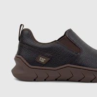 Cat Men's Flexion Slip On shoe in coffee bean, featuring a dark brown textured upper and a distinct brown sole, viewed from