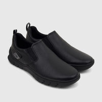 A pair of black textured leather Cat Men's Flexion slip-on shoes (P726867) with elastic goring and heel pull tabs.