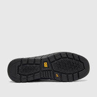 Bottom view of a black Cat Men's Flexion Slip On P726867 shoe, showcasing the durable rubber sole with distinctive tread