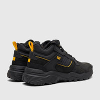 Cat Men's Grapple Leather Mid boots in black with yellow accents, shown from a rear-side view, highlighting the rugged