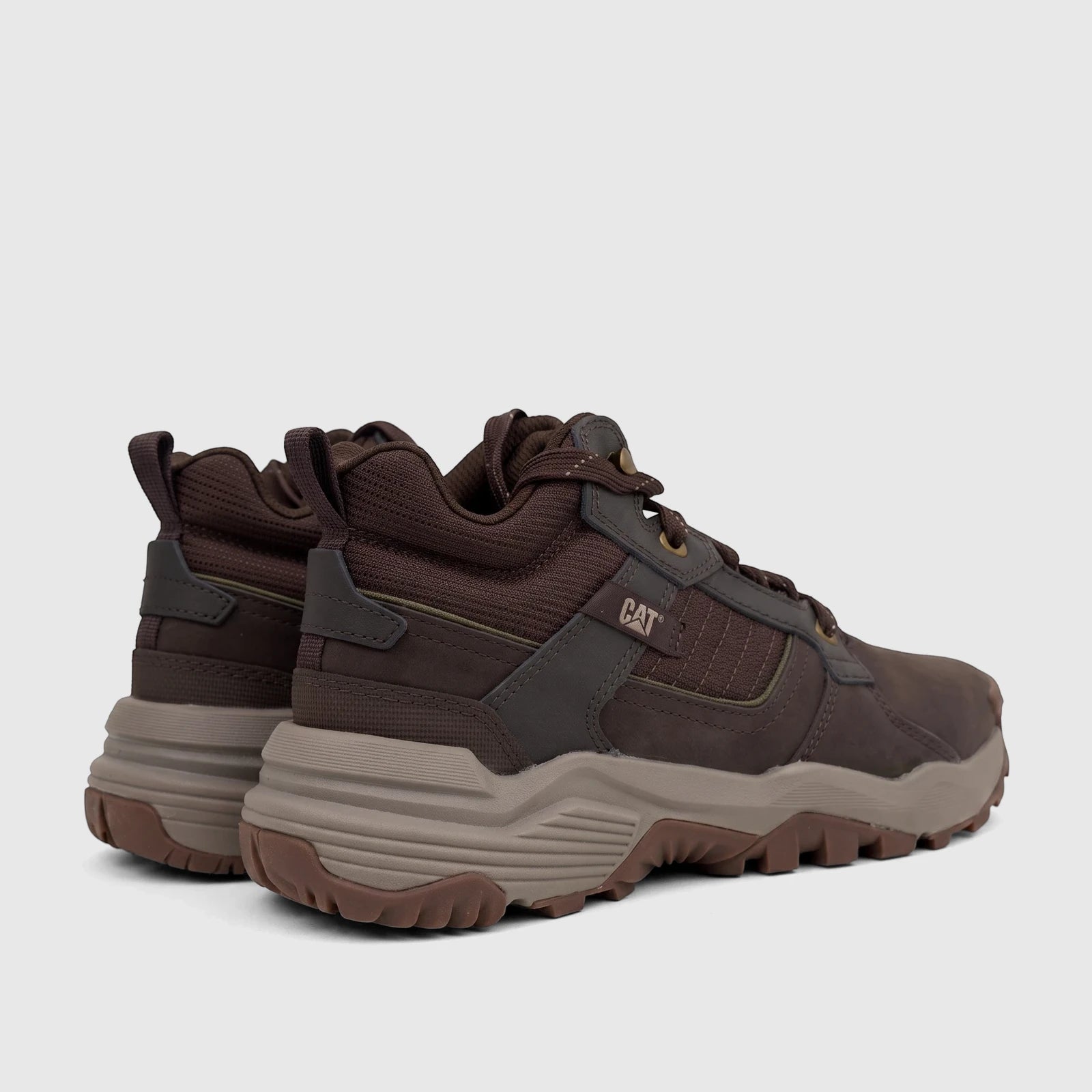 Cat Men's Grapple Leather Mid boots in coffee bean brown, with rugged leather, mesh panels, grey accents, and thick lugged