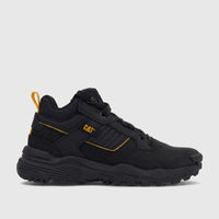 Cat Men's Grapple Leather Mid P726961 hiking boot in black with yellow accents, featuring a rugged sole.