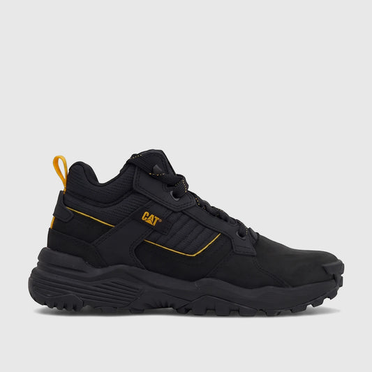 Cat Men's Grapple Leather Mid P726961 hiking boot in black with yellow accents, featuring a rugged sole.