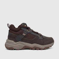 Cat Men's Grapple Leather Mid hiking shoe in coffee bean brown with dark grey accents and a rugged sole, side view.
