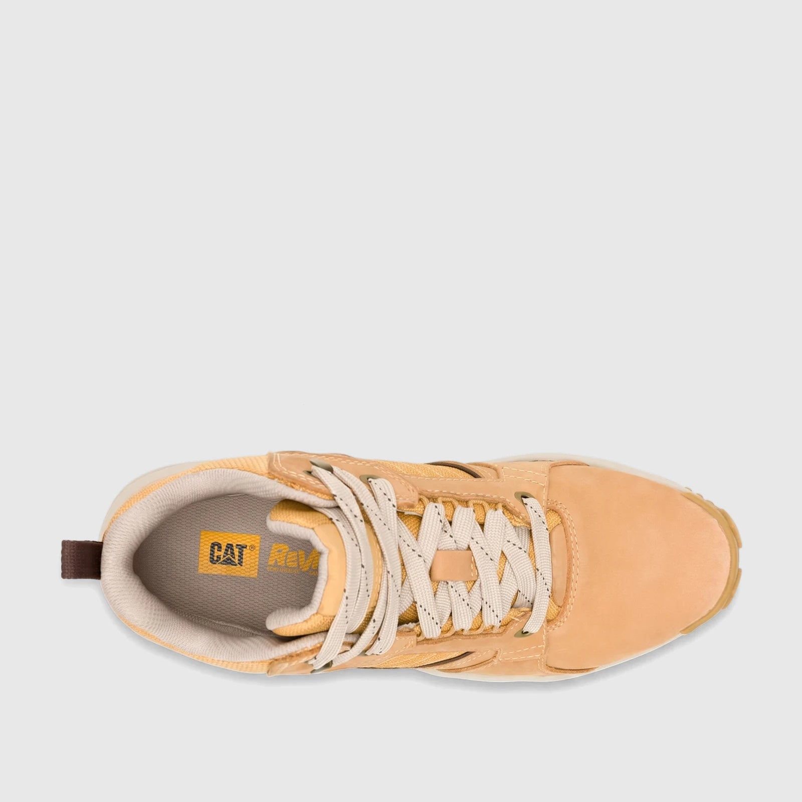 Men's Cat Grapple Leather Mid shoe in honey brown, featuring textured side panels, light beige laces, and a top-down view.