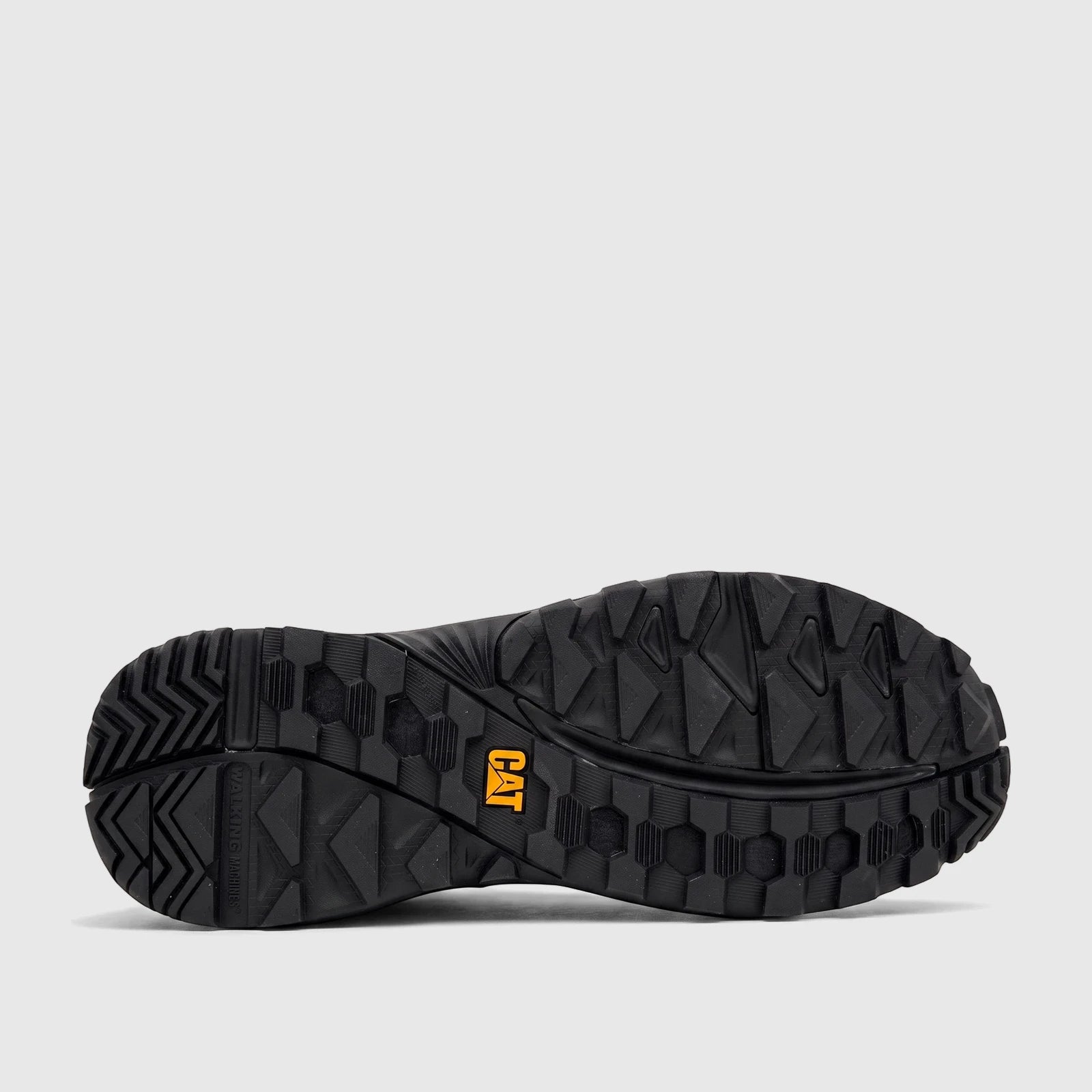 Close-up of the black sole of a Cat Men's Grapple Leather Mid boot, showing its rugged tread pattern and yellow CAT logo.
