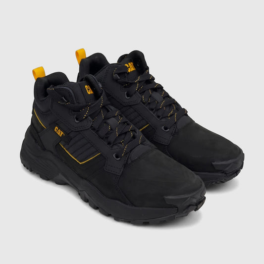 Cat Men's Grapple Leather Mid P726961 hiking boot in black with yellow accents, featuring a rugged sole.