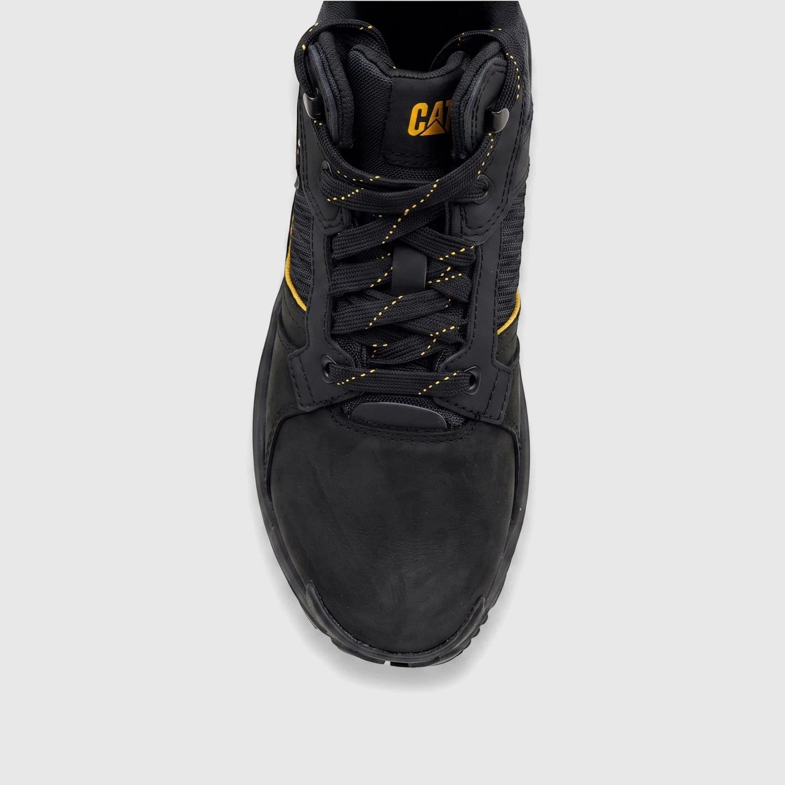 Cat Men's Grapple Leather Mid P726961 Black CT394 boot, shown in a top-down view highlighting the black leather and yellow