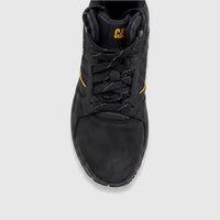 Cat Men's Grapple Leather Mid P726961 Black CT394 boot, shown in a top-down view highlighting the black leather and yellow